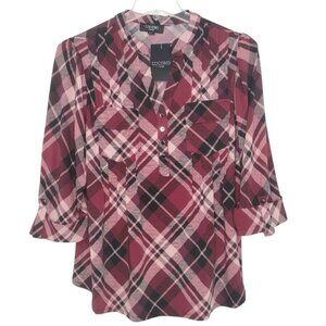 Cocomo Women's Plus Size 1X Maroon Tartan Plaid Print Pintuck 3/4 Sleeve Top